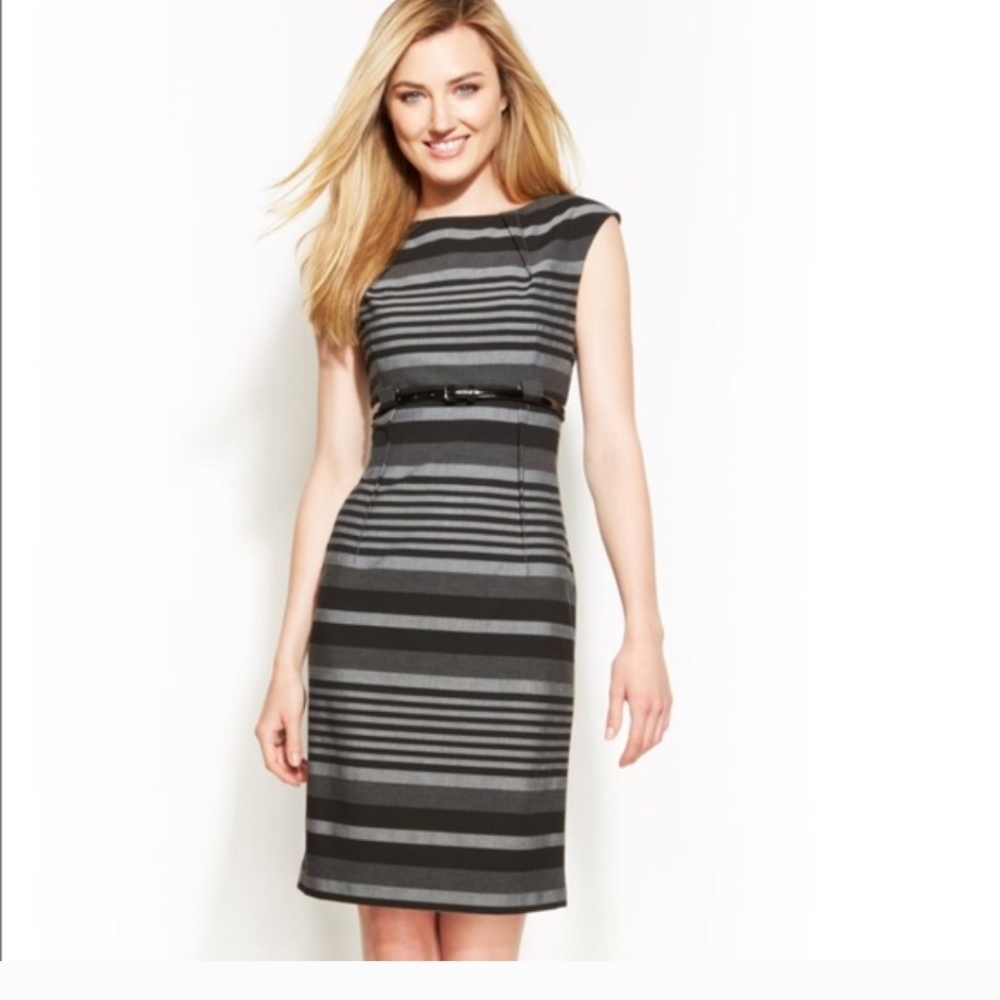 Calvin Klein Black and Gray Striped Cap-Sleeve Sheath Dress